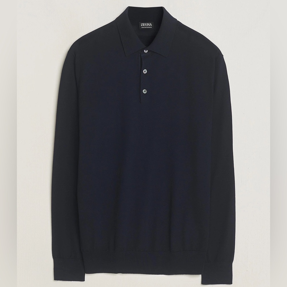 Zegna HIGH PERFORMANCE™ WOOL PIQUET POLO SHIRT Long Sleeve Navy Blue Size Large